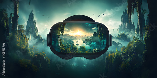 Óculos de realidade virtual exibindo uma paisagem digital. photo