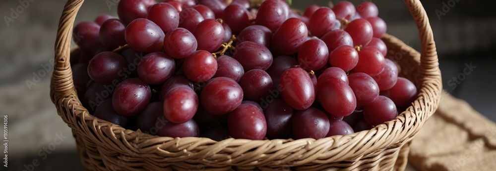 Detail of fresh red grapes in a woven wicker basket, texture, closeup Detail of fresh red grapes in a woven wicker basket, texture, closeup