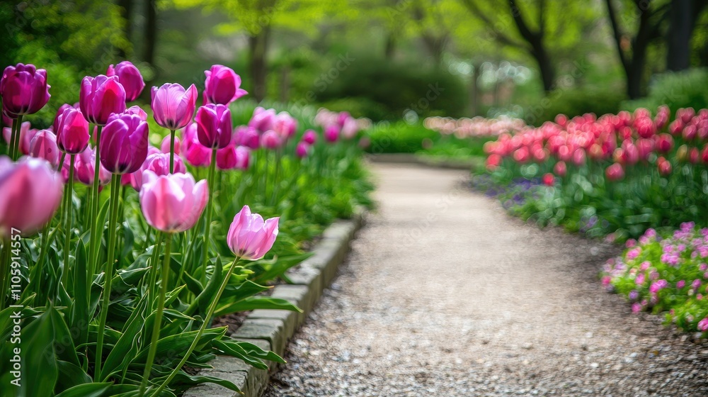 Obraz premium Rows of pink and purple tulips in a peaceful, well-kept flower field