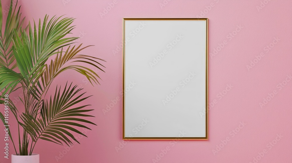 Simple Gold Frame Against Soft Pastel Wall with Tropical Foliage Simple Gold Frame Against Soft Pastel Wall with Tropical Foliage
