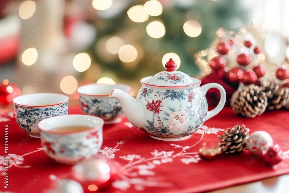 Festive Tea Set on a Vibrant Red Tablecloth Surrounded by Decorated Ornaments and Soft Holiday Lights Creating a Cozy Atmosphere for Celebration Festive Tea Set on a Vibrant Red Tablecloth Surrounded by Decorated Ornaments and Soft Holiday Lights Creating a Cozy Atmosphere for Celebration