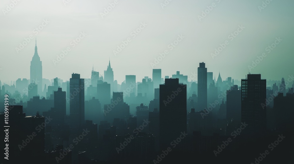 Silhouetted Urban Skyline with Towering High Rise Buildings in a Metropolitan Landscape Silhouetted Urban Skyline with Towering High Rise Buildings in a Metropolitan Landscape