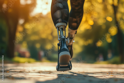 Close-up of a person with prosthetic legs walking confidently on a sunny park path

 photo