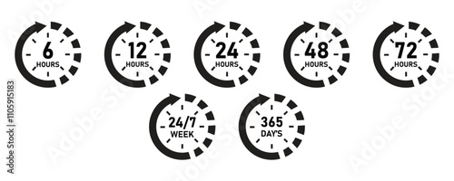 6, 12, 24, 48, 72 hours clock with arrow icons vector, time, delivery and service icons, 24 hours 7 days icon, 365 days icons flat vector illustration isolated on white background.