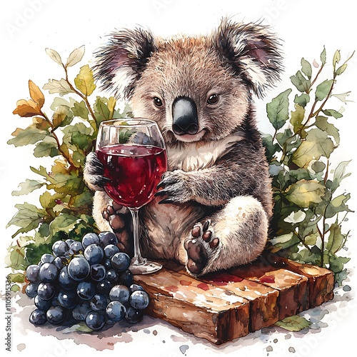 Adorable Koala Enjoying a Glass of Red Wine with Grapes. photo