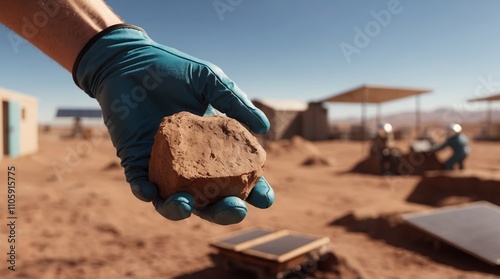 Gloved hand holding a rock at an excavation site photo