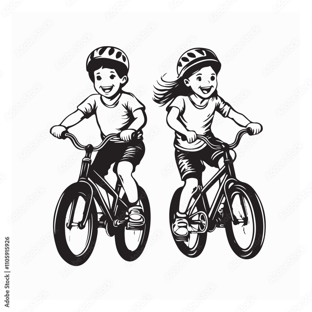 Fototapeta premium Two Children Riding Bikes Stock Image vector isolated on white background.