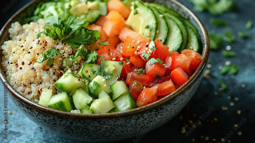 Vibrant quinoa bowl with diced cucumbers, tomatoes, avocado, and carrots. Vibrant quinoa bowl with diced cucumbers, tomatoes, avocado, and carrots.
