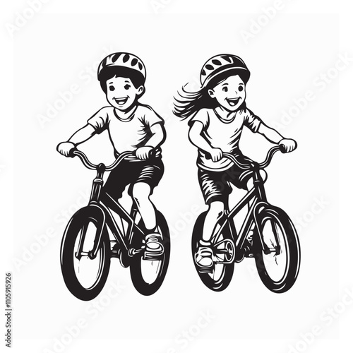 Two Children Riding Bikes Stock Image vector isolated on white background.