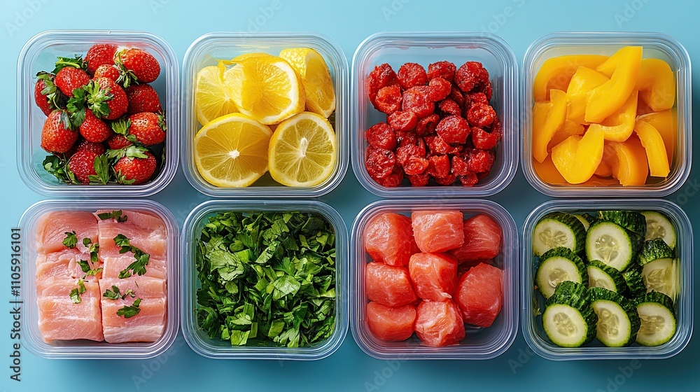 Overhead shot of eight clear plastic containers filled with various prepped ingredients for healthy Overhead shot of eight clear plastic containers filled with various prepped ingredients for healthy