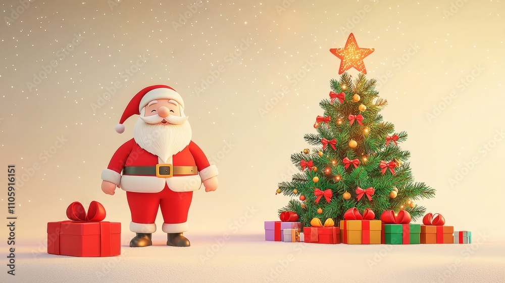 Santa Claus Stands Beside Decorated Christmas Tree with Gifts Santa Claus Stands Beside Decorated Christmas Tree with Gifts