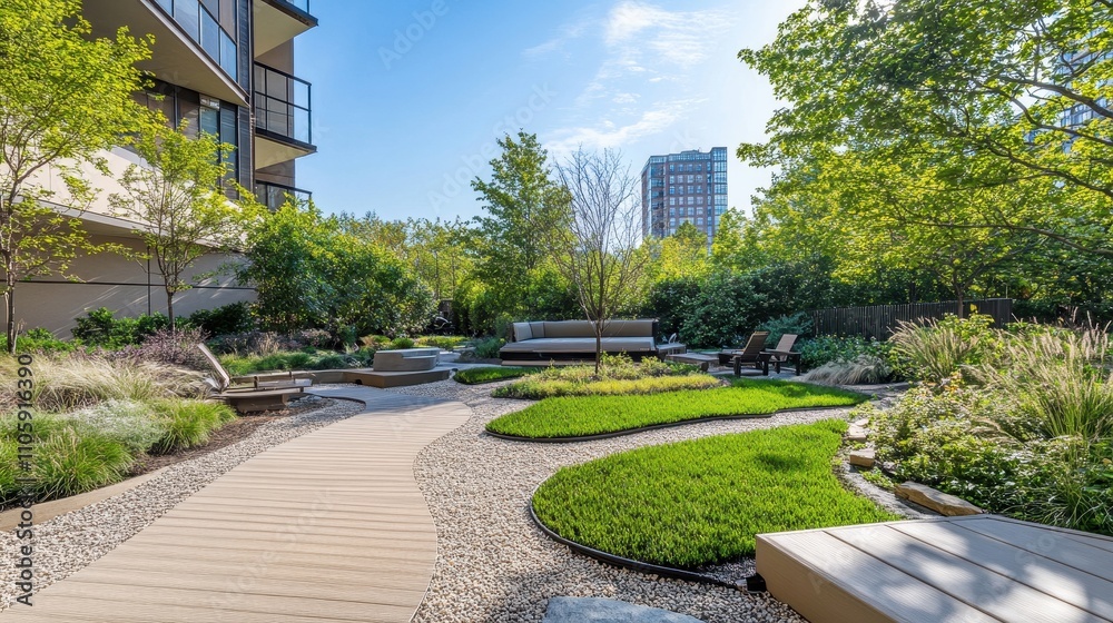 Serene Urban Landscaping with Pathways and Greenery Serene Urban Landscaping with Pathways and Greenery
