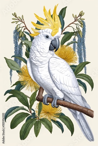 Australian cockatoo, vintage style, perched on a branch surrounded by golden flowers and green leaves