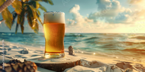 A glass of cold beer on a wooden stump. Sandy beach of a tropical island with palm trees and sea waves. Summer alcoholic and non-alcoholic drinks.