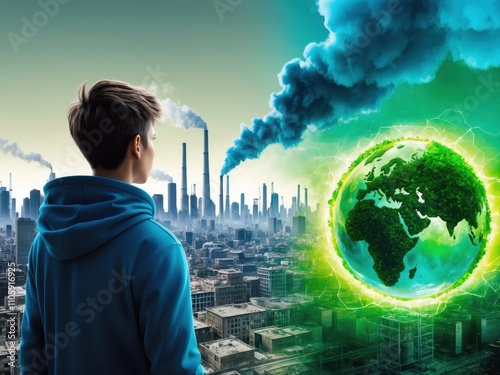 A person looking at a polluted cityscape, reflecting concern for the environment's future photo