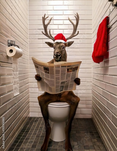 Funny Deer Wearing Santa Hat Reading Newspaper on Toilet in White Tiled Bathroom with Festive Red Towel