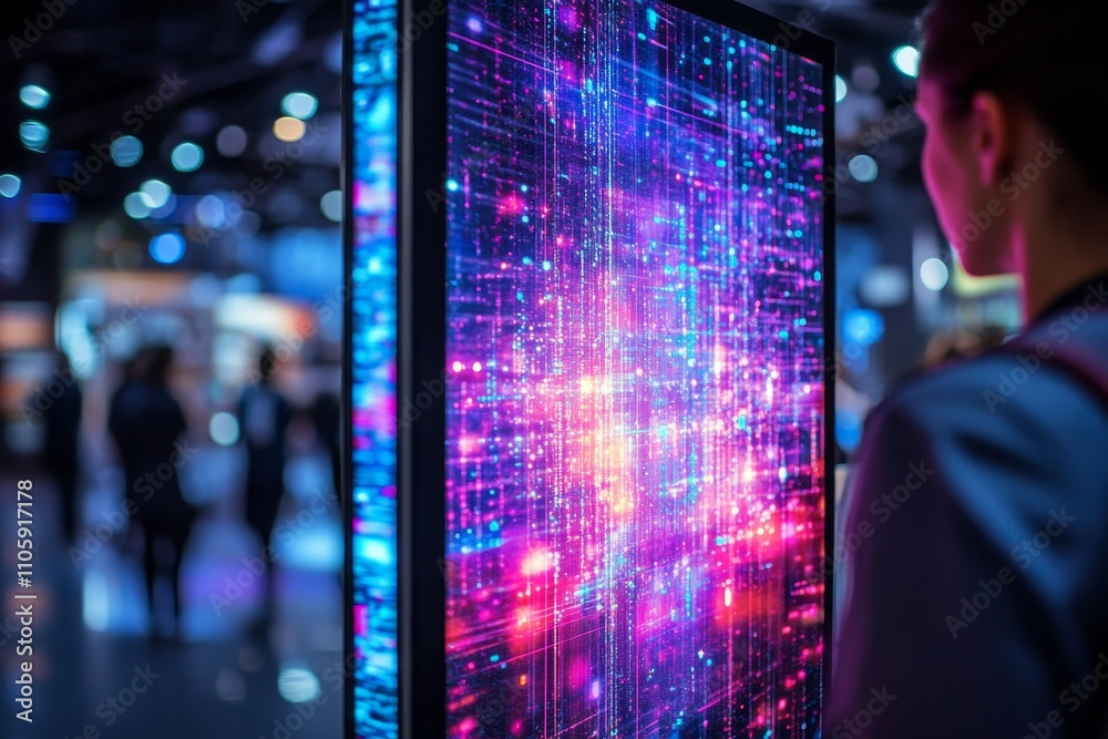 Futuristic Technology Display with Colorful Light Patterns and Person Observing, Showcasing Digital Innovation and Interaction in a Modern Setting Futuristic Technology Display with Colorful Light Patterns and Person Observing, Showcasing Digital Innovation and Interaction in a Modern Setting