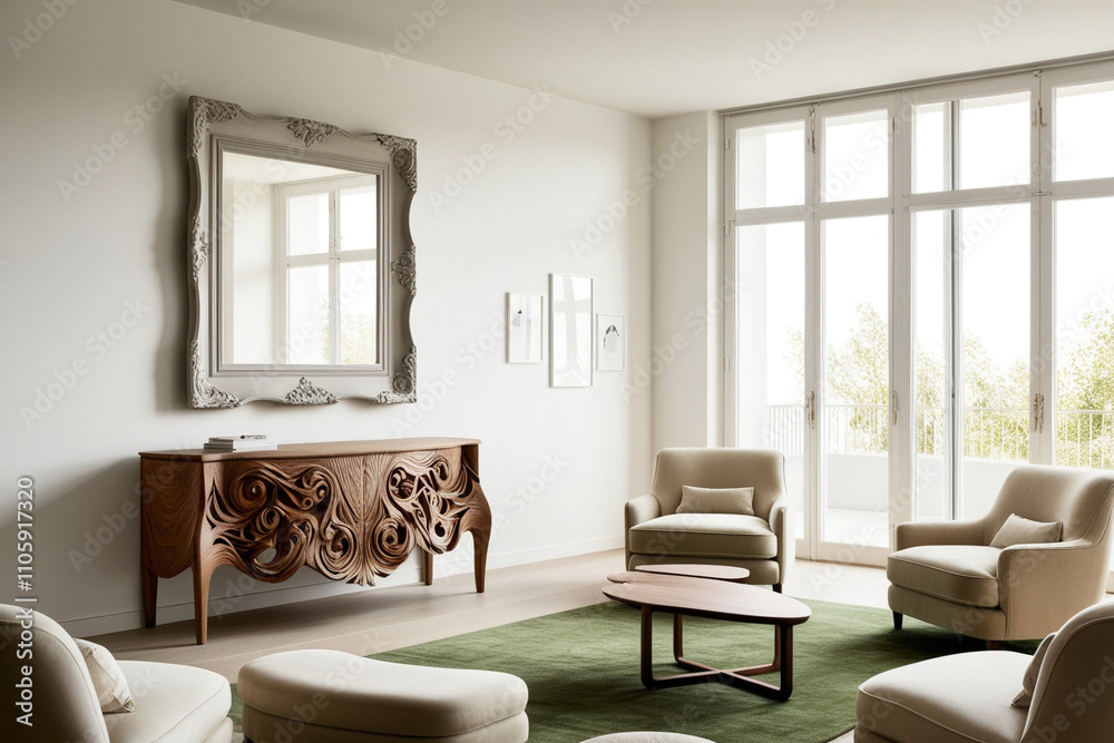 Scandinavian home interior design of modern living room. Artistic wooden carving sideboard with flowing textures and big mock up frame in a light-filled, modern space