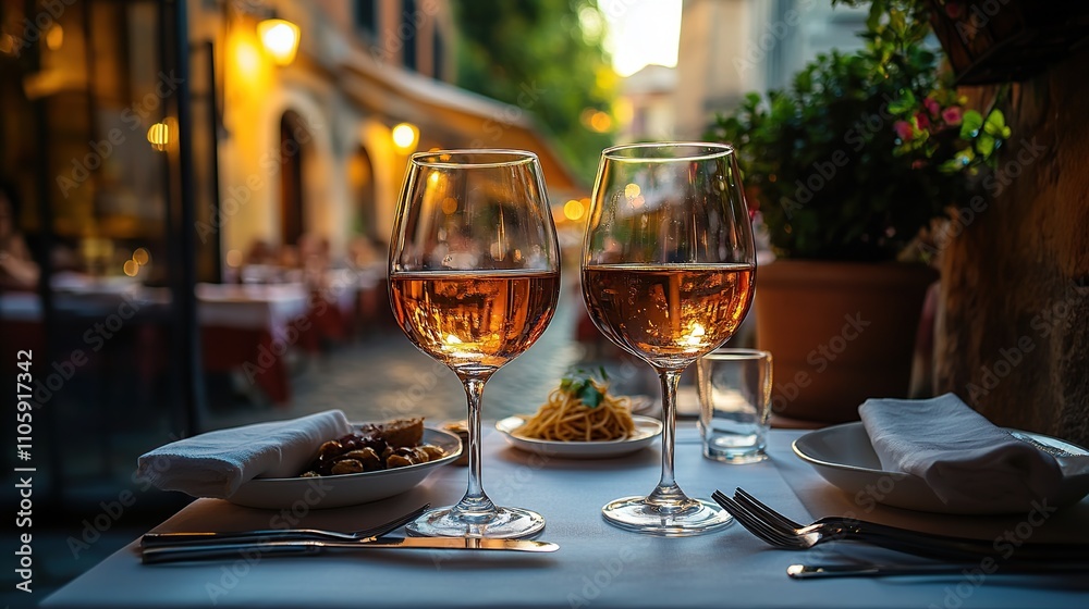 Romantic dinner for two at an outdoor restaurant with wine and appetizers. Romantic dinner for two at an outdoor restaurant with wine and appetizers.