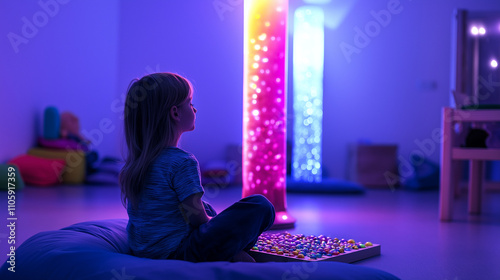 A child sitting in a sensory room surrounded by glowing colorful lights and calming decor

