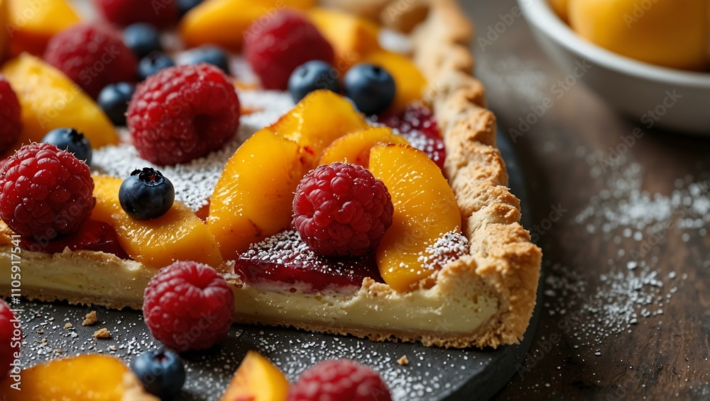 Delicious fruit tart with peaches and raspberries, powdered sugar. Delicious fruit tart with peaches and raspberries, powdered sugar.