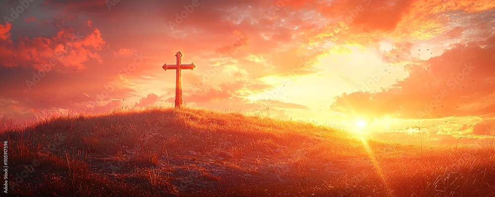Obraz premium Serene Sunset with Cross on Hilltop