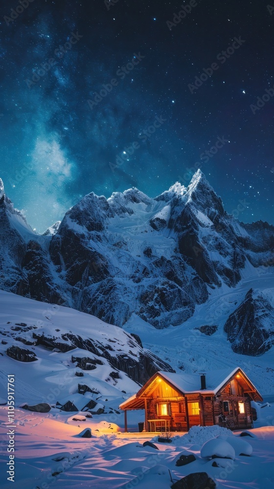 Fototapeta premium Cozy log cabin nestled in a snowy mountain landscape under the stunning night sky filled with twinkling stars The cabin is illuminated creating a warm and inviting atmosphere in the remote