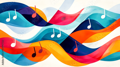 Vibrant abstract waves with musical notes intertwined, creating an artistic symphony of color and sound.