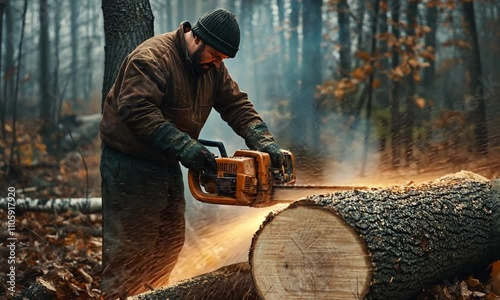 A man using a chainsaw to cut a log in a forest during autumn.