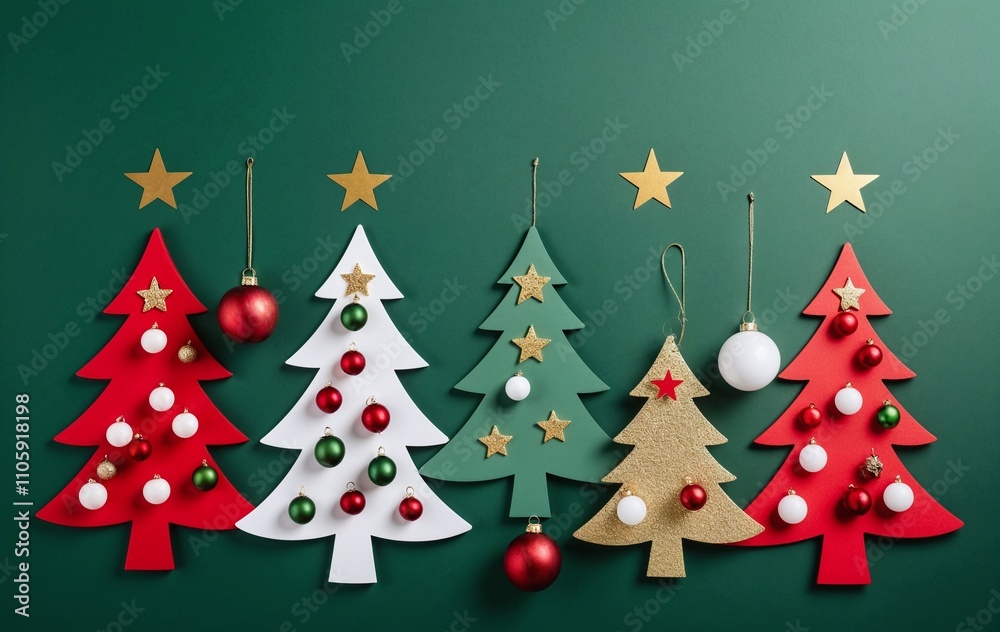 Fototapeta premium Festive Christmas tree decorations in vibrant red, green, white, and gold, set against a green background with star accents.
