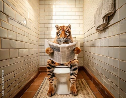 Humorous Tiger Sitting on Toilet Reading Newspaper in Cozy Beige-Tiled Bathroom with Towel and Rug