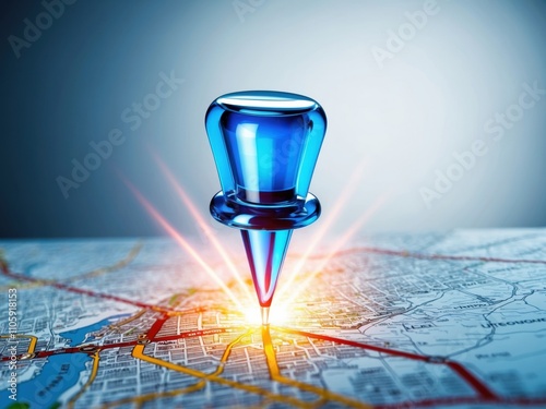 A transparent map pin projecting a detailed city map, blending modern design with advanced navigation tech photo