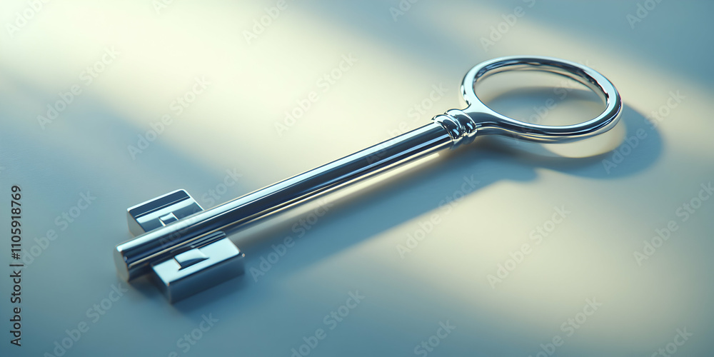 Metallic Key, A Symbol of Access, Opportunity, and Potential, Gleaming Under Soft Light Metallic Key, A Symbol of Access, Opportunity, and Potential, Gleaming Under Soft Light