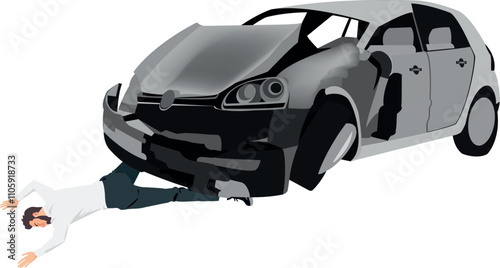 Car accident with injured man trapped under vehicle