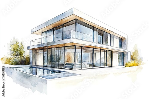 Watercolor illustration of modern house with pool