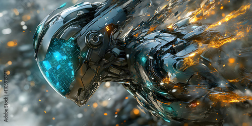 Futuristic Mech,  Cybernetic Warrior Emerging from Fiery Debris,  Digital Art Illustration