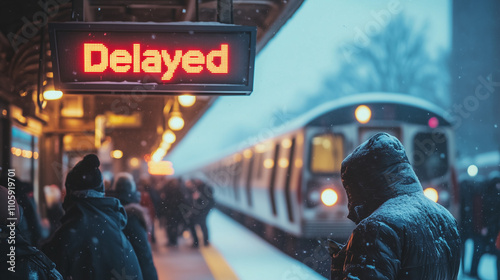 A crowded train platform during a snowy evening with a 