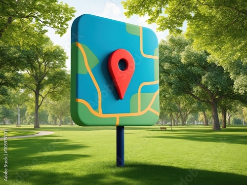 Giant 3D map marker standing in a park, blending modern design with natural surroundings photo