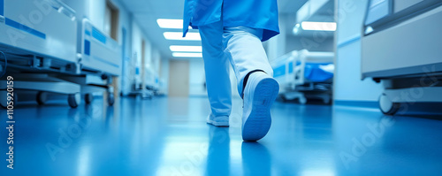 Hospital Corridor, Healthcare Professional Walking, Clean Blue Floor, Medical Equipment