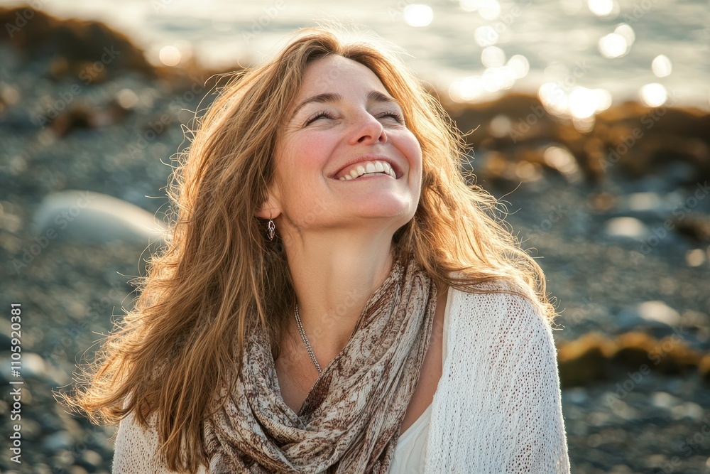 Joyful Woman Smiling at the Beach with Sunlight Reflections in the Background Capturing the Essence of Happiness and Serenity in Nature Joyful Woman Smiling at the Beach with Sunlight Reflections in the Background Capturing the Essence of Happiness and Serenity in Nature