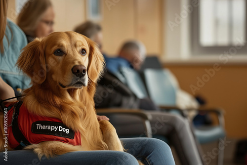 A golden retriever therapy dog wearing a red vest sitting attentively in a waiting room

