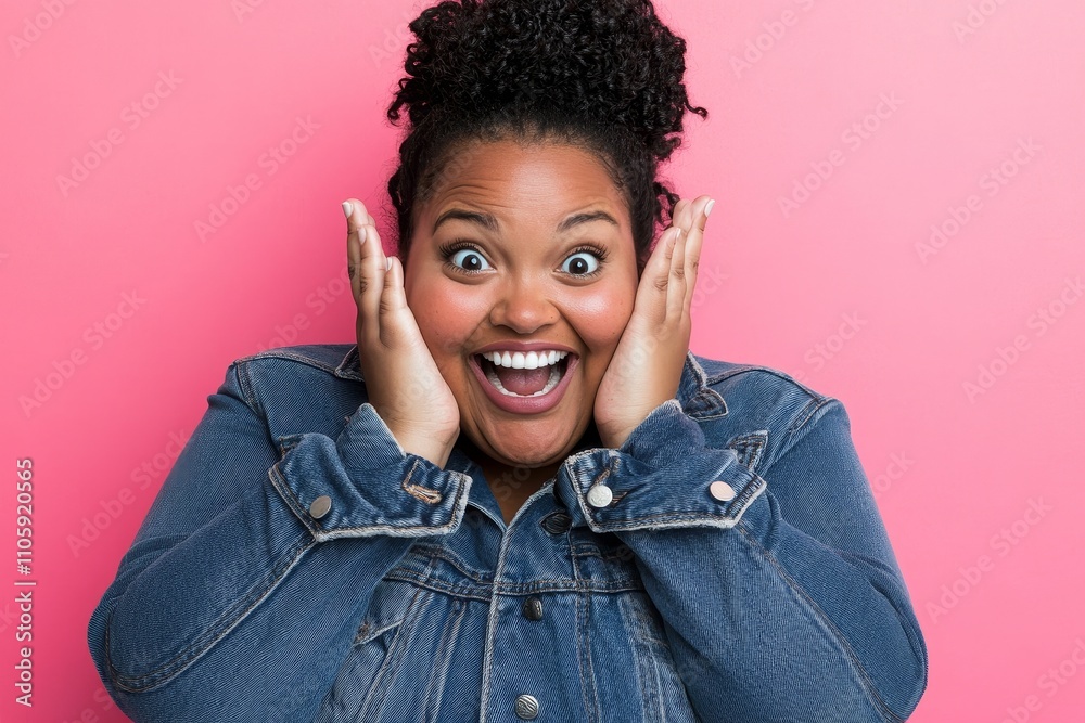 Joyful woman with curly hair excitedly expressing happiness against a vibrant pink background while wearing a stylish denim jacket, showcasing pure delight and energy. Joyful woman with curly hair excitedly expressing happiness against a vibrant pink background while wearing a stylish denim jacket, showcasing pure delight and energy.