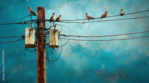 Birds Perched on Power Lines Against a Blue Sky Background