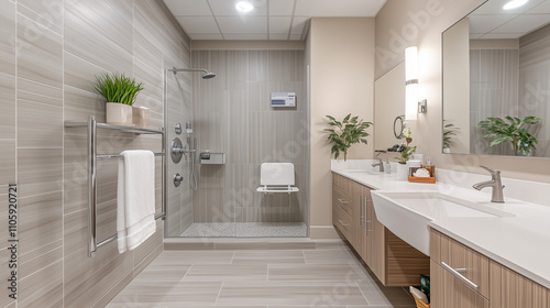 Modern accessible bathroom with a walk-in shower and elegant decor


