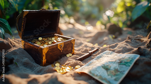 Treasure chest filled with gold coins on sandy ground with a map nearby

 photo