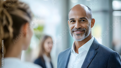 Smiling Businessman in Office Setting; Professional Man Confidently Interacting in Corporate Environment