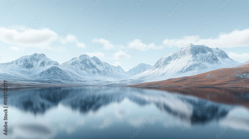 Serene winter landscape snow-capped mountains reflected in a calm lake. Serene winter landscape snow-capped mountains reflected in a calm lake.