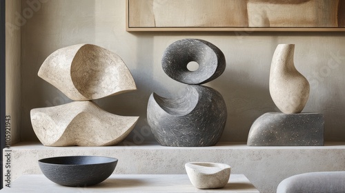 Abstract Ceramic Sculptures and Bowls Displayed on Shelf photo