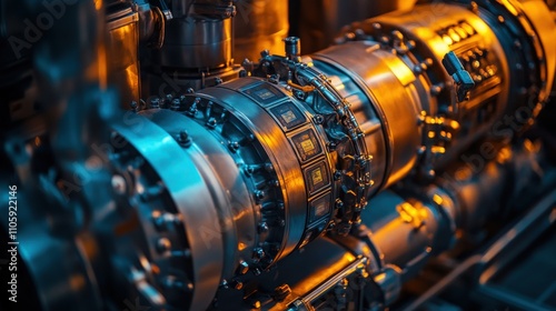 Twilight Illumination of Stationary Gas Generator Turbine: Close-Up on Intricate Mechanical Engineering, Precision Details, and Industrial Control Systems in a Professional Photography Style.