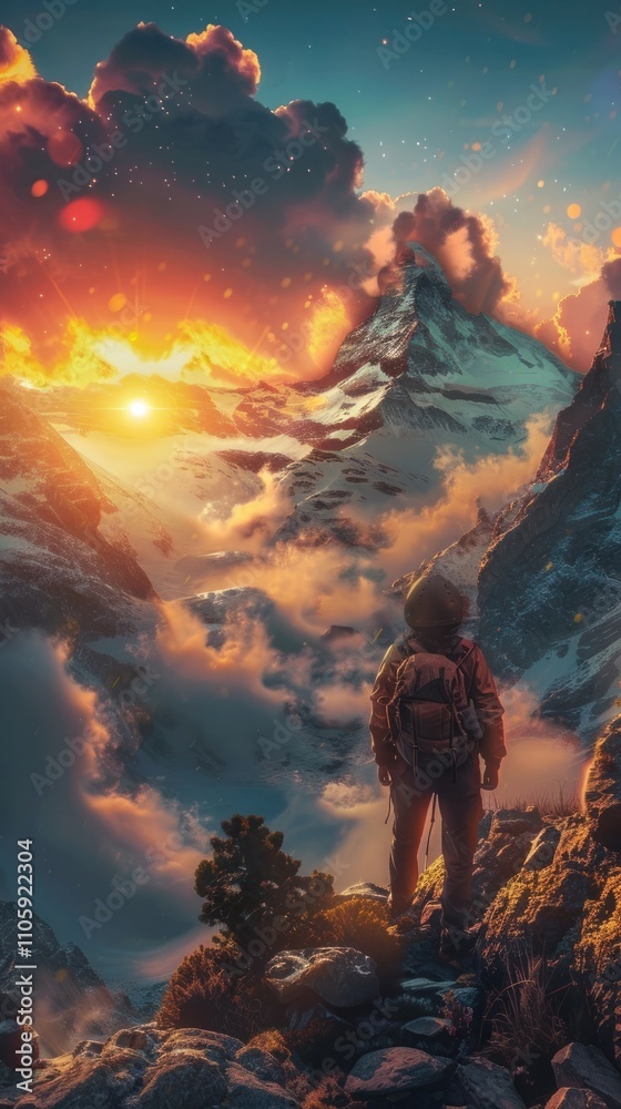 Adventurous hiker standing on a rocky outcrop gazing in awe at the majestic mountain peak towering above surrounded by dramatic clouds and a vibrant sunset sky